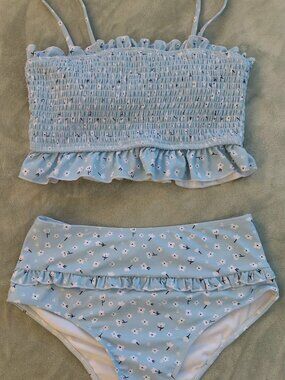 Light Blue Floral Smocked Ruffle Bikini Set 🌸 | Cottagecore Vibes
